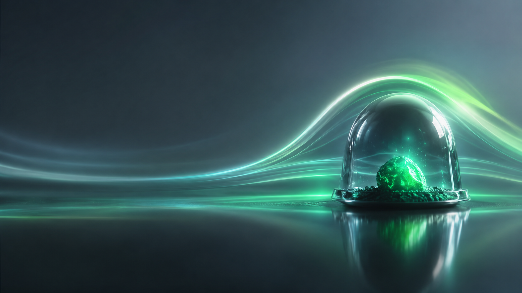 A green ember sheltered beneath a protective glass dome — risk transfer safeguarding emission-reduction value