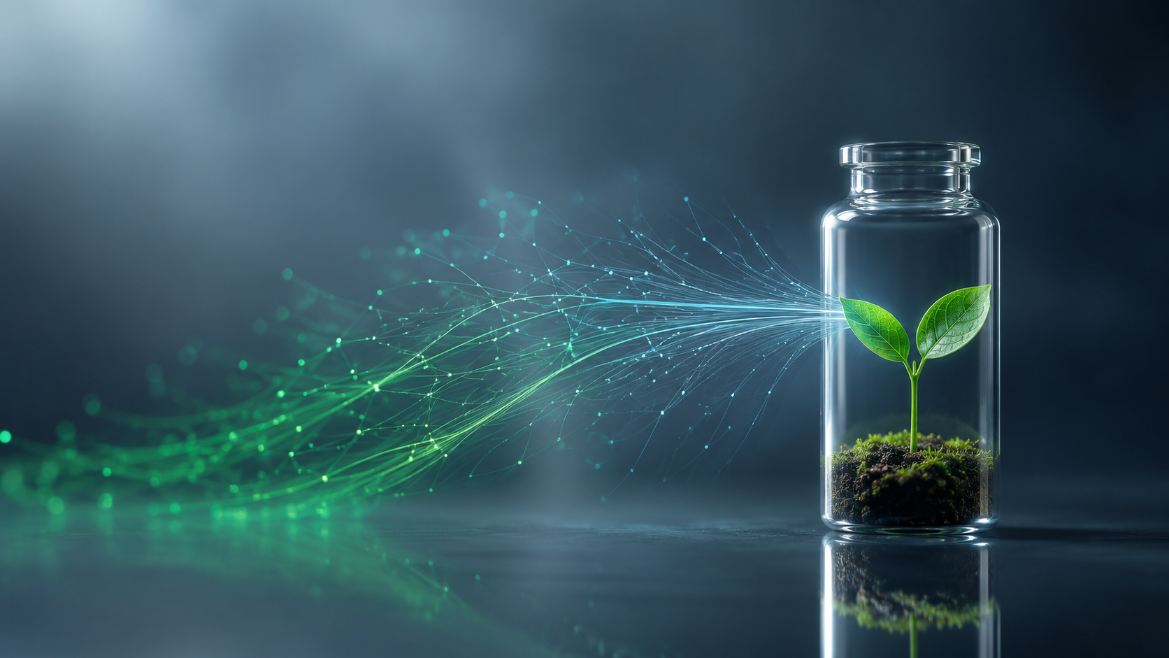 A green seedling in a glass vial with a branching network of light — knowledge and capacity building